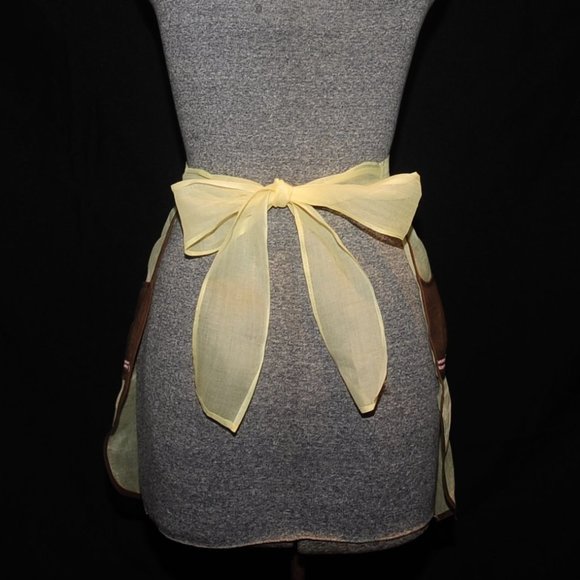 Vintage 50s Yellow Organza Fancy Hostess Apron Brown Circle Pockets w/ Rick Rack - Picture 7 of 8
